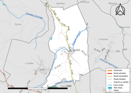 Carte en couleur présentant le réseau hydrographique de la commune