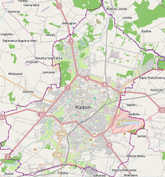 Mapa konturowa Radomia, u góry nieco na lewo znajduje się punkt z opisem „Fabryka Broni „Łucznik” – Radom Sp. z o.o.”