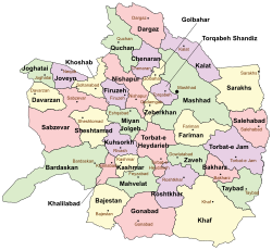 Location of Davarzan County in Razavi Khorasan Province (left, yellow)