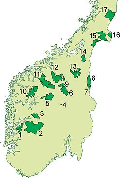 Karta över nationalparker i södra Norge. Dovre nationalpark har nummer 9.