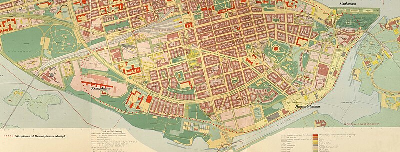 Södersjukhusets och Hammarbyhamnens industrispår (röda prickar) inlagd på Stadsingenjörskontorets Södermalmskarta från 1938/1940.