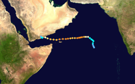 Map plotting the track and the intensity of the storm, according to the Saffir–Simpson scale