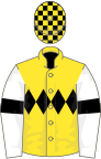 Yellow, black triple diamond, white sleeves, black armlets, black and yellow check cap