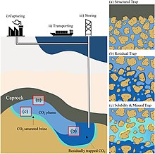 Four diagrams: 1) "Capturing" of CO2 at the surface connected by pipes to mid-ocean and then down to below the ocean and below a caprock. Below the caprock there is an area called "CO2 unsaturated brine", a layer called "Residually trapped CO2", and an area called "CO2 plume". The other three diagrams are labelled "Structural trap", "Residual trap", and "Solubility and mineral trap". See article text for descriptions of these concepts.