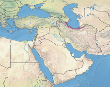 Carte du Moyen-Orient avec une écorégion représentée par un liseré le long de la rive sud de la mer Caspienne.