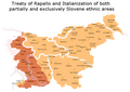 Image 27The annexed western quarter of Slovene ethnic territory, and approximately 327,000 out of the total population of 1.3 million Slovenes, were subjected to forced Fascist Italianization. On the map of present-day Slovenia with its traditional regions' boundaries. (from History of Slovenia)