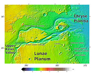 Area around northern Kasei Valles, showing relationships among Kasei Valles, Bahram Vallis, Vedra Valles, Maumee Valles, and Maja Valles. Map location is in Lunae Palus quadrangle and includes parts of Lunae Planum and Chryse Planitia.