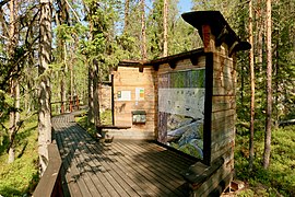 Panneaux explicatifs en bois situés dans une forêt de conifères.