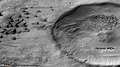 Dunes in Green crater, as seen by CTX camera. This is an enlargement of the previous image. Thin dark lines are dust devil tracks. The crater on the right is within Green crater. Some old glaciers are visible as arc-shaped ridges. An arrow points to one of the glaciers.