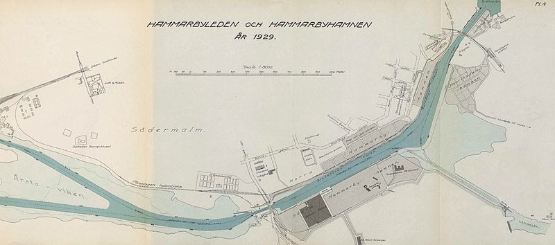 Hammarbyleden och Hammarbyhamnen i färdigt skick 1929. Här syns även industrispåret mellan Stadsgården och Skanstull med föreslagen fortsättning mot väst.