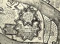 la Mannheimer Rheinschanze, Rejna skanso de Mannheim, La urbo Mannheim kaj la citadelo Mannheim en la jaro 1620. La tiel nomata Rheinschanze estis la pontokapo de Mannheim sur la maldekstra flanko de la Rejnoo en formo de kornaĵo (supre en la bildo estas hodiaŭ la urbo Ludwigshafen ).