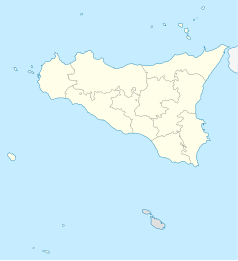 Mapa konturowa Sycylii, u góry znajduje się punkt z opisem „San Mauro Castelverde”