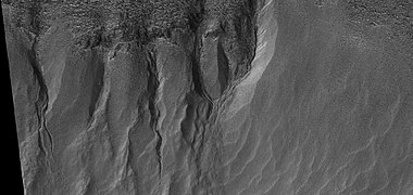 Close view of gullies, as seen by HiRISE under HiWish program. Channels show curves.