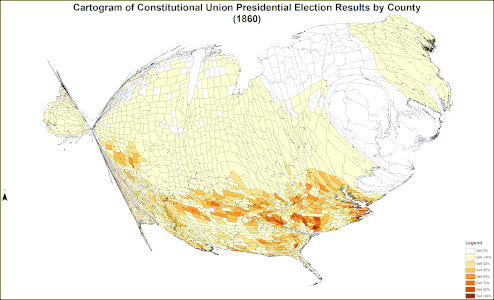 Cartogram of Constitutional Union presidential election results by county