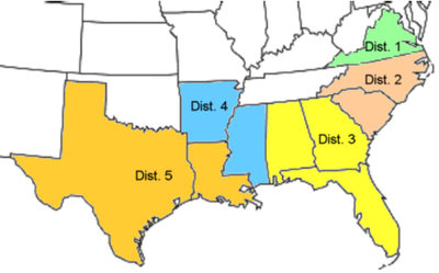 In 1866 at stage 2, the states were grouped into five military districts.