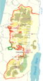 Image 14The Gaza–Israel barrier route built (red), under construction (pink) and proposed (white), as of June 2011[update] (from History of Israel)