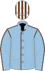 Light blue, brown seams, white and brown striped cap