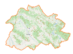 Mapa konturowa powiatu brzozowskiego, po prawej nieco na dole znajduje się punkt z opisem „Temeszów”