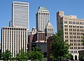 Looking north east between Main Street (left) and Boston Avenue (right). Philtower is right of center; Thompson Building is left of center; Mid-continent Building is behind the Philtower. Photo in 2008 by Caleb Long.