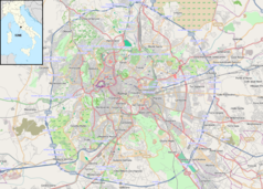 Mapa konturowa Rzymu, w centrum znajduje się punkt z opisem „Bazylika świętych Kosmy i&nbsp;Damiana w&nbsp;Rzymie”