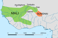 Approximate extent of the Mali Empire, next to the Songhai Empire, c. 1350