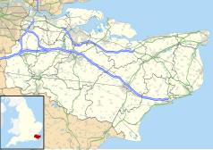 Mapa konturowa Kentu, blisko prawej krawiędzi znajduje się punkt z opisem „St Margaret-at-Cliffe”