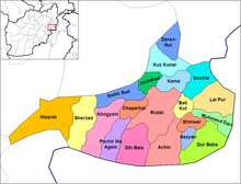 Depicts a colorized map of districts in Nangarhar province, with Shinwar located near the bottom right corner in orange