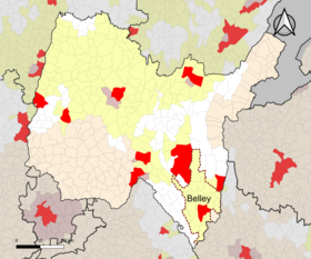 Localisation de l'aire d'attraction de Belley dans le département de l'Ain.