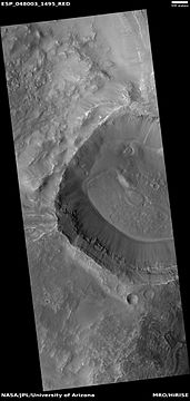 Wide view of crater showing layers along wall, as seen by HiRISE under HiWish program