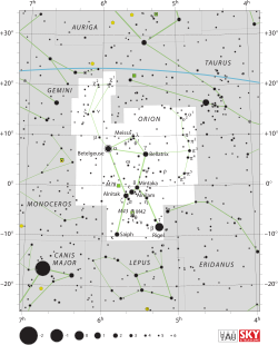 Diagram showing star positions and boundaries of the constellation of Orion and its surroundings