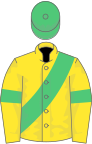 Yellow, emerald green sash, armlets and cap