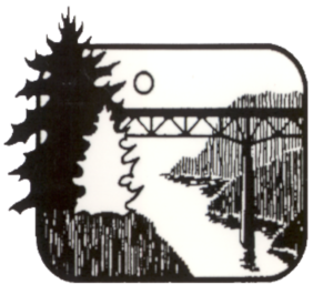 Monochrome sketch of the bridge spanning the mouth of Noyo River at sunset, with an overlaid representation of two redwood trees in the upper left corner