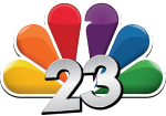 A silver slightly angled number 23 with a black drop shadow superimposed over the NBC peacock.