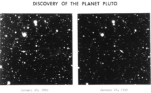 The same area of night sky with stars, shown twice, side by side. One of the bright points, located with an arrow, changes position between the two images.