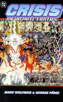 כריכת הספר המאגד את סיפור Crisis on Infinite Earths. אמנות מאת אלכס רוס