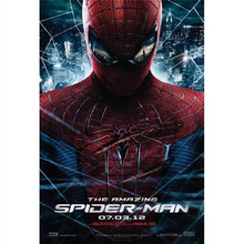 Spider-Man, wounded, is covered in a spider web with New York City in the background and as a reflection in his mask. Text at the bottom of the reveals the title, release date, official site of the film, rating and production credits.